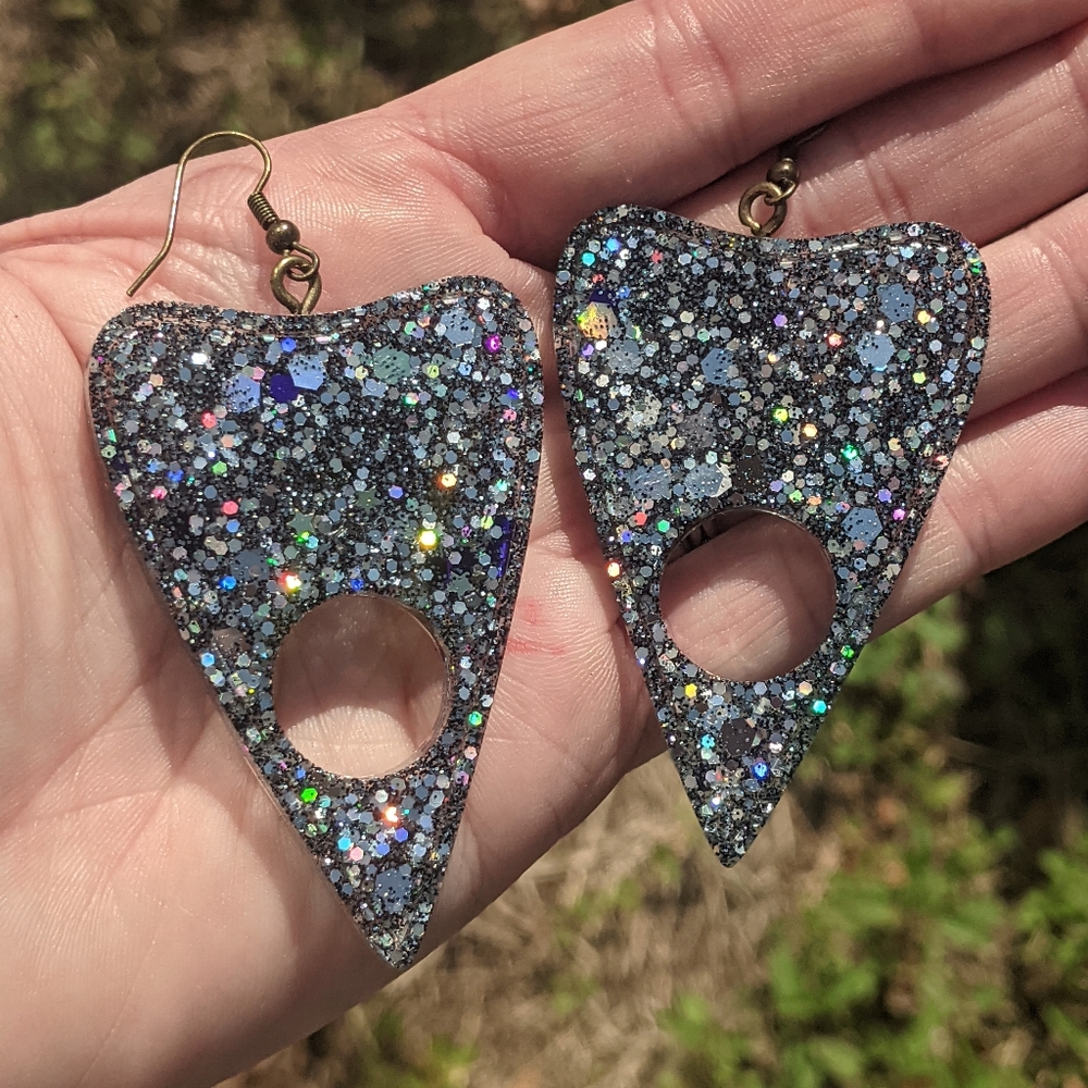Handmade black & silver Ouija planchette earrings